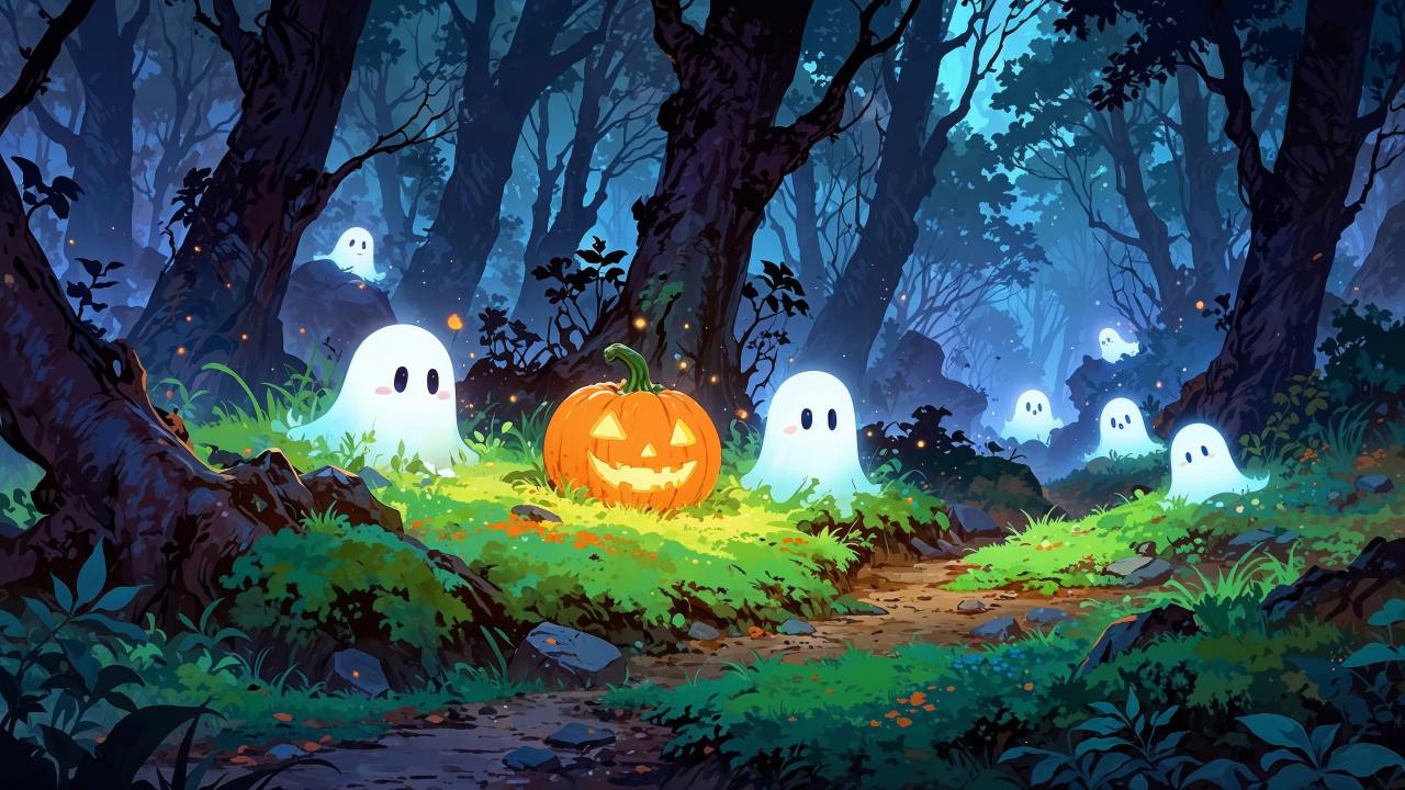 ghosts wallpaper, cute halloween, spooky vibes, background for desktop wallpaper (horizontal)