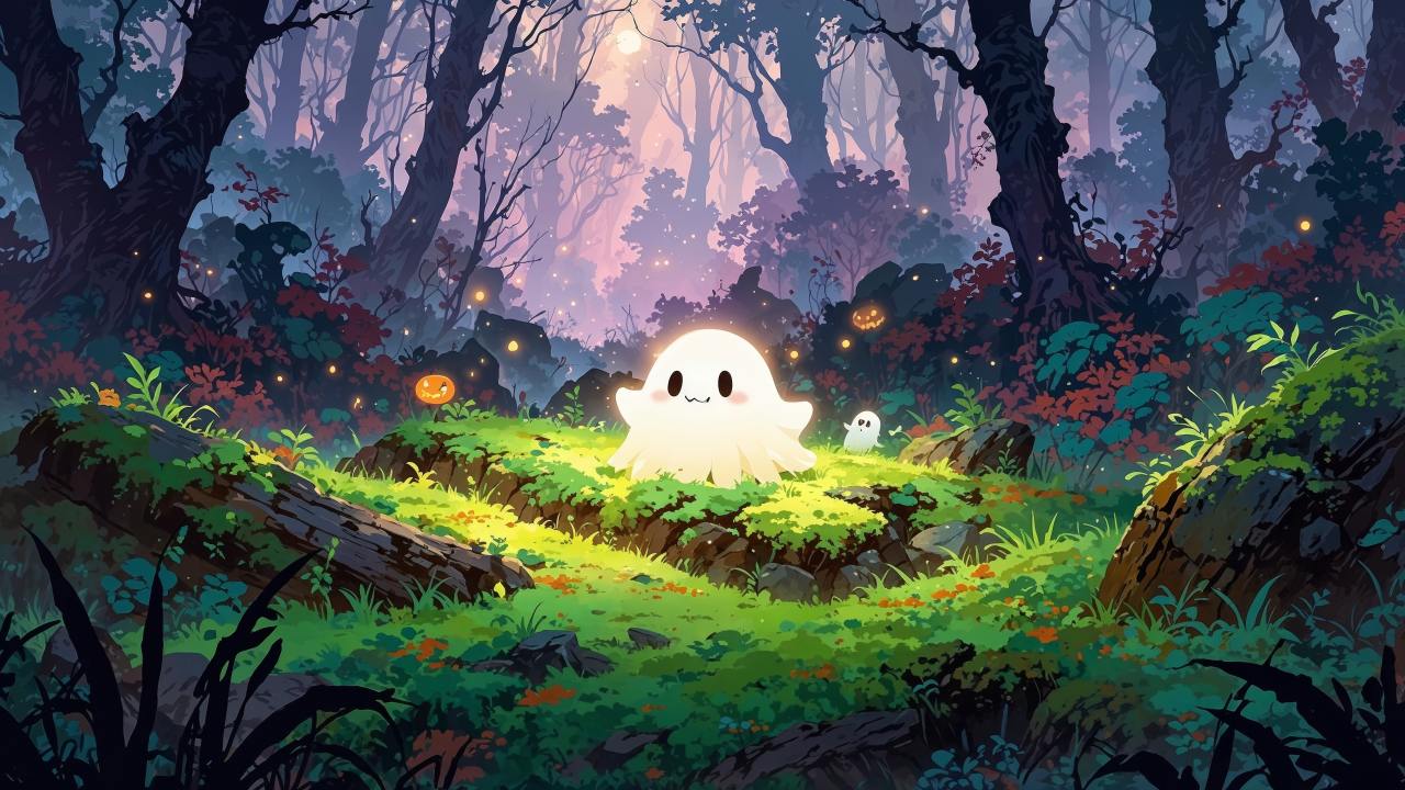 ghosts wallpaper, cute halloween, spooky season, background for desktop wallpaper (horizontal)