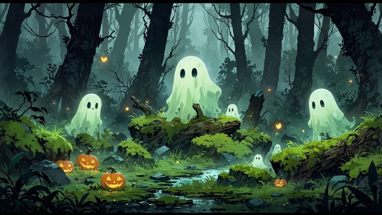 ghosts wallpaper, cute halloween decorations, trick or treat, background for desktop wallpaper (horizontal)