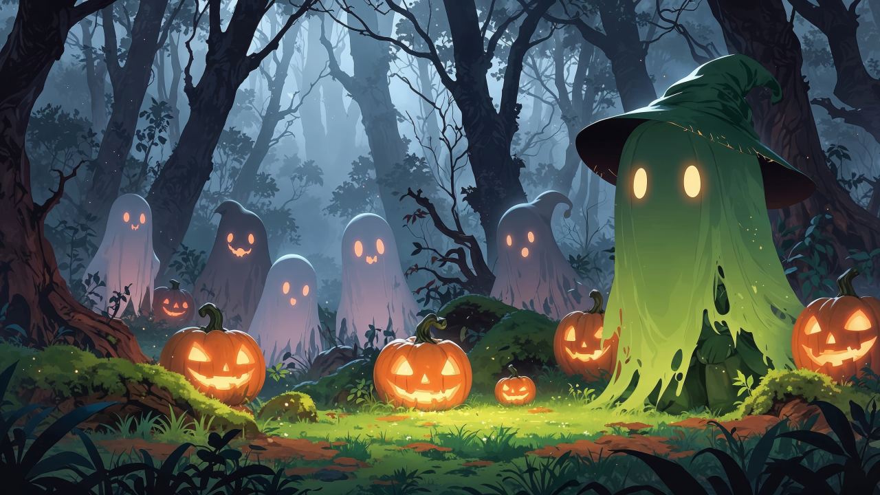 halloween pumpkin wallpaper, spooky decorations, festive decor, background for desktop wallpaper (horizontal)