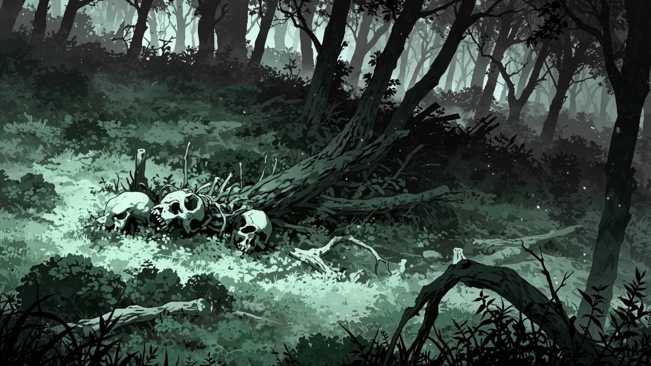 bone pile wallpaper, creepy landscape, death scene, background for desktop wallpaper (horizontal)