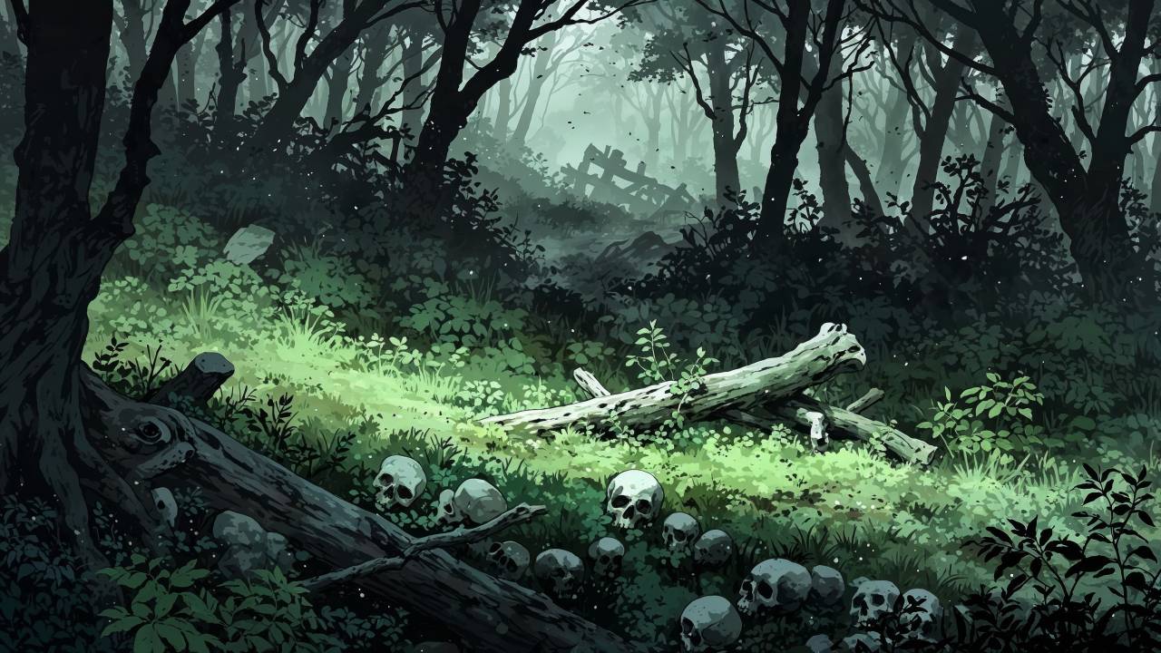 bone pile wallpaper, creepy landscape, dark wilderness, background for desktop wallpaper (horizontal)