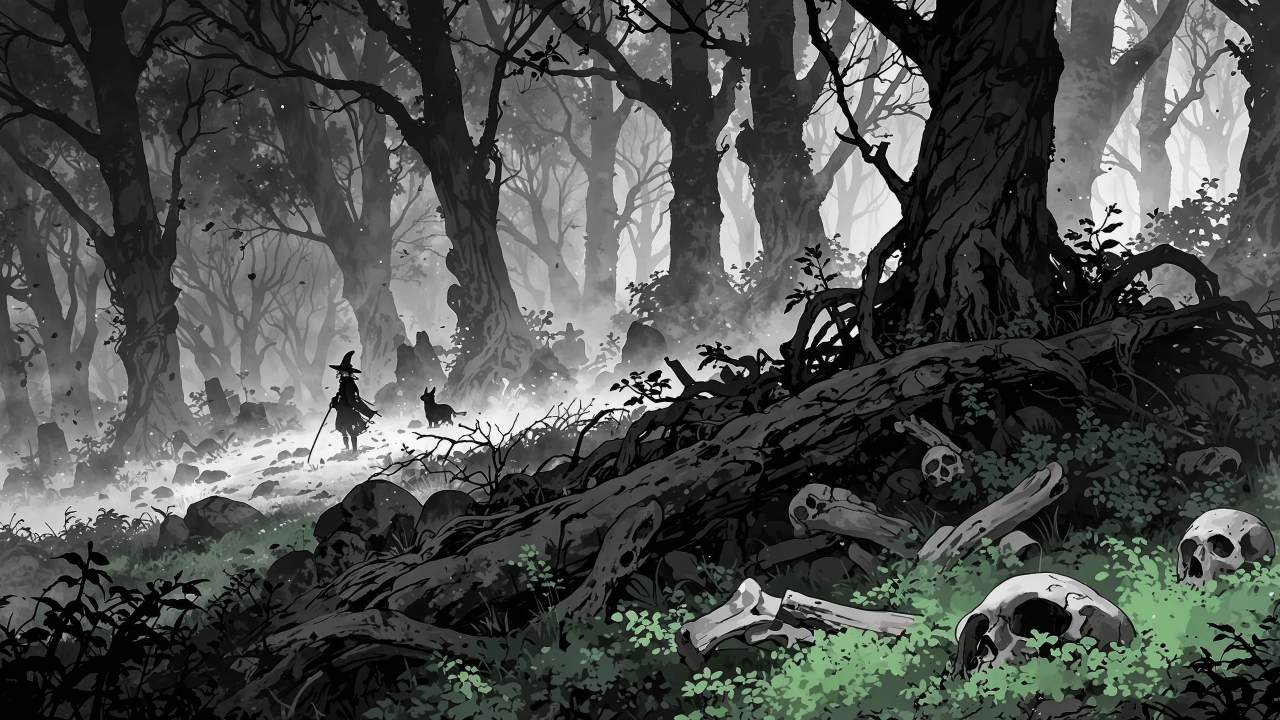 bone pile wallpaper, creepy landscape, skeletal remains, background for desktop wallpaper (horizontal)