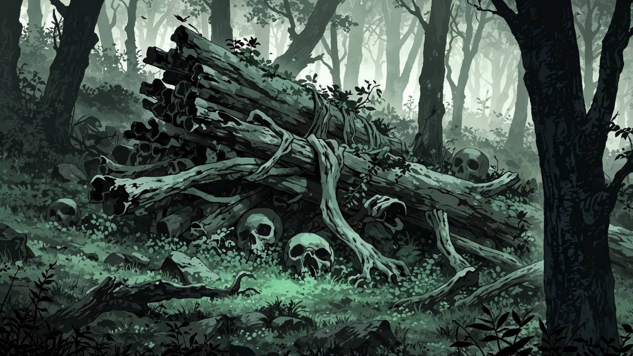 bone pile wallpaper, creepy landscape, dark wilderness, background for desktop wallpaper (horizontal)