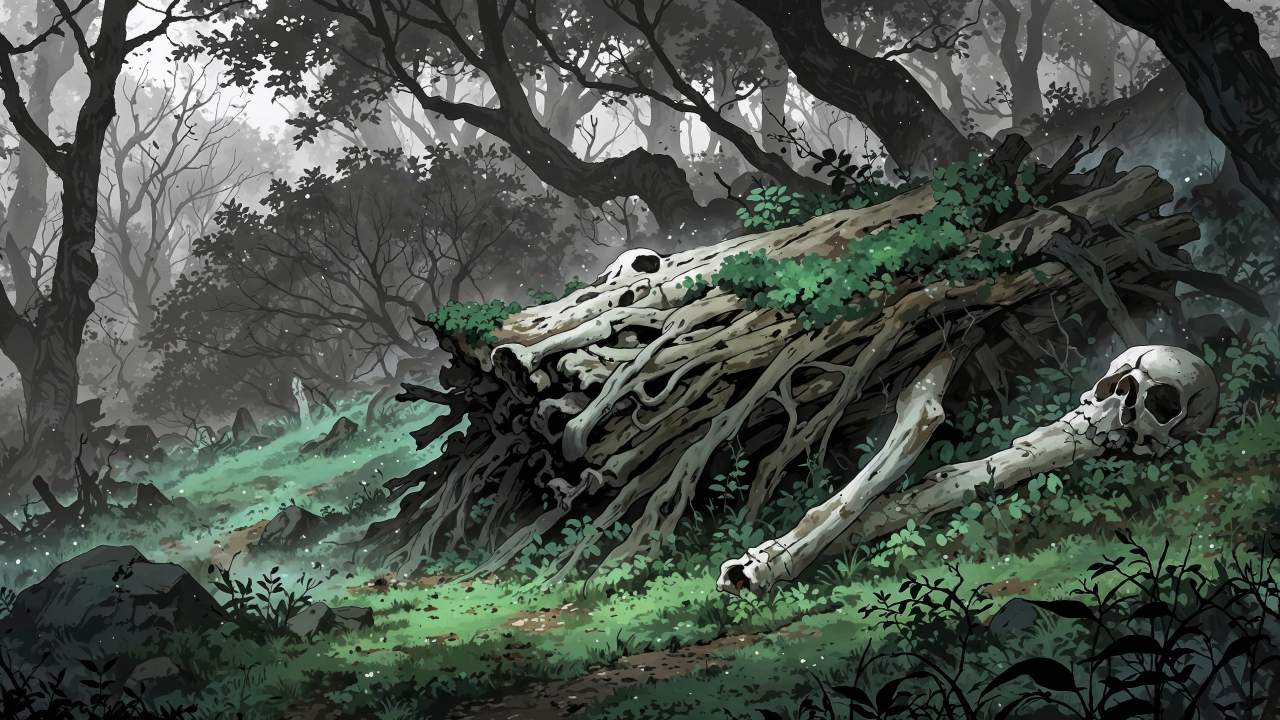 bone pile wallpaper, creepy landscape, haunted woods, background for desktop wallpaper (horizontal)