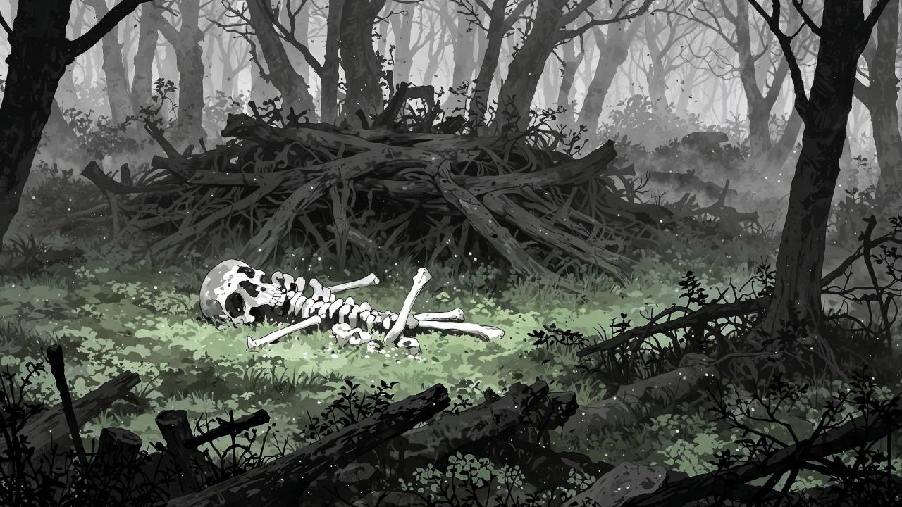 bone pile wallpaper, creepy landscape, decaying leaves, background for desktop wallpaper (horizontal)