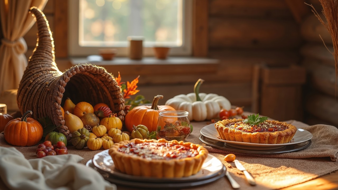 gourds wallpaper, cozy home, thanksgiving dinner table, background for desktop wallpaper (horizontal)