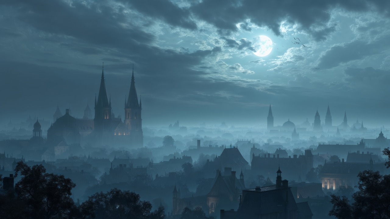 halloween night wallpaper, full moon, gothic cathedrals, background for desktop wallpaper (horizontal)