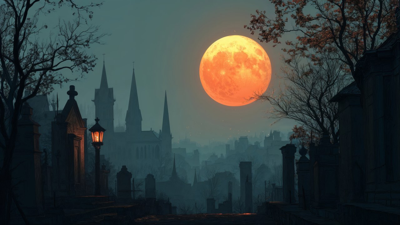 halloween night wallpaper, haunted house, mystical night, background for desktop wallpaper (horizontal)