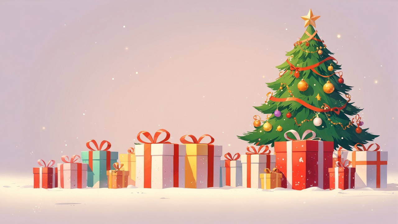 holiday gifts wallpaper, gift wrapping, tree decorations, background for desktop wallpaper (horizontal)