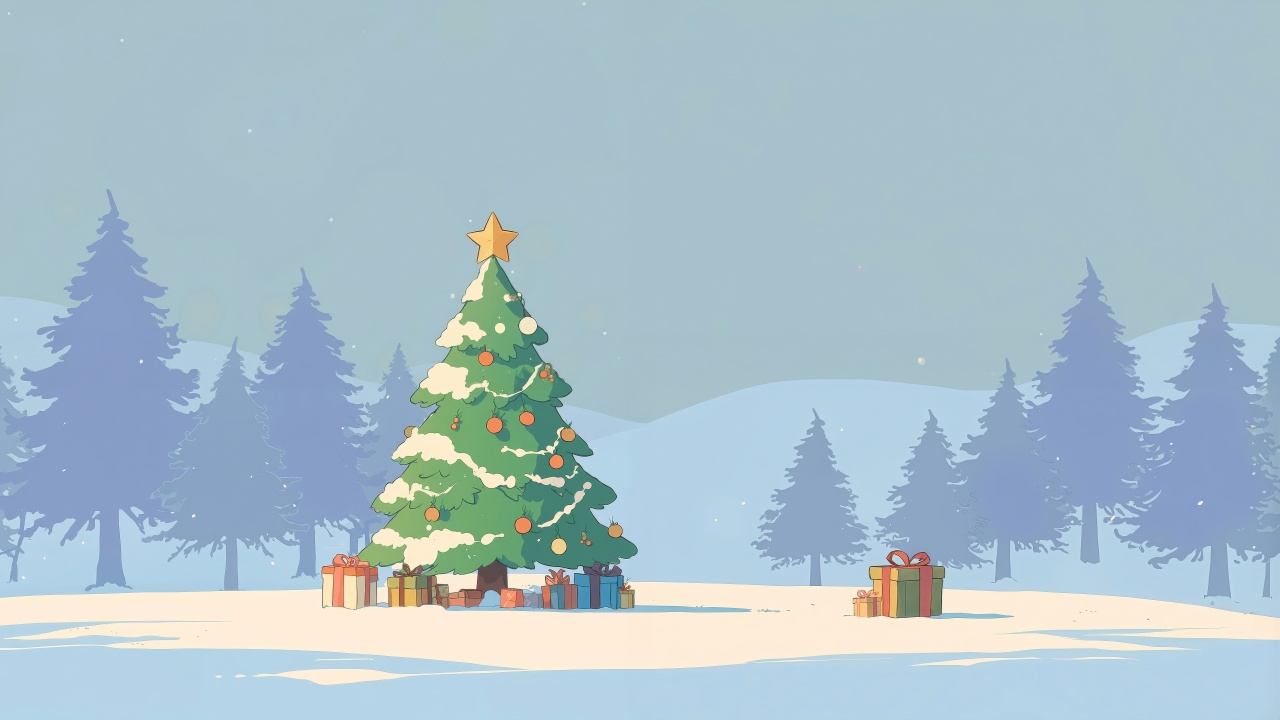 snowy pine trees wallpaper, festive lights, december festivities, background for desktop wallpaper (horizontal)
