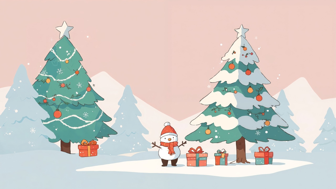 seasonal cheer wallpaper, evergreen trees, snow-covered pine tree, background for desktop wallpaper (horizontal)