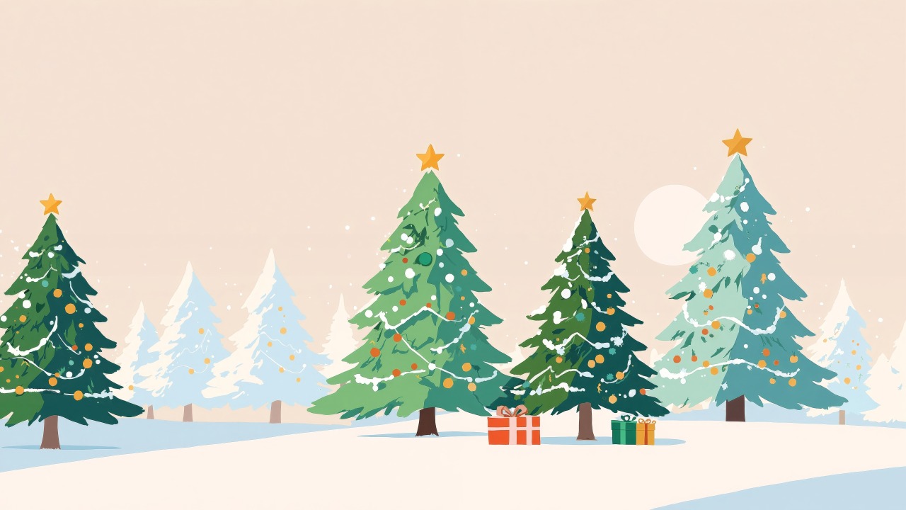 pine tree decorations wallpaper, december festivities, snowy pine trees, background for desktop wallpaper (horizontal)