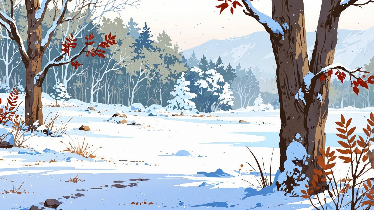 snowy scenery wallpaper, rustic cabins, winter magic, background for desktop wallpaper (horizontal)