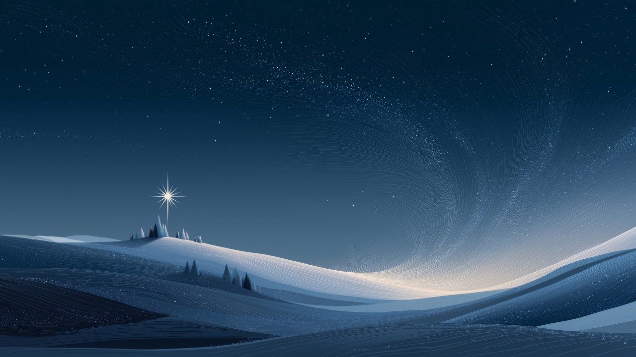 winter night wallpaper, snowy night, twinkling stars, background for desktop wallpaper (horizontal)
