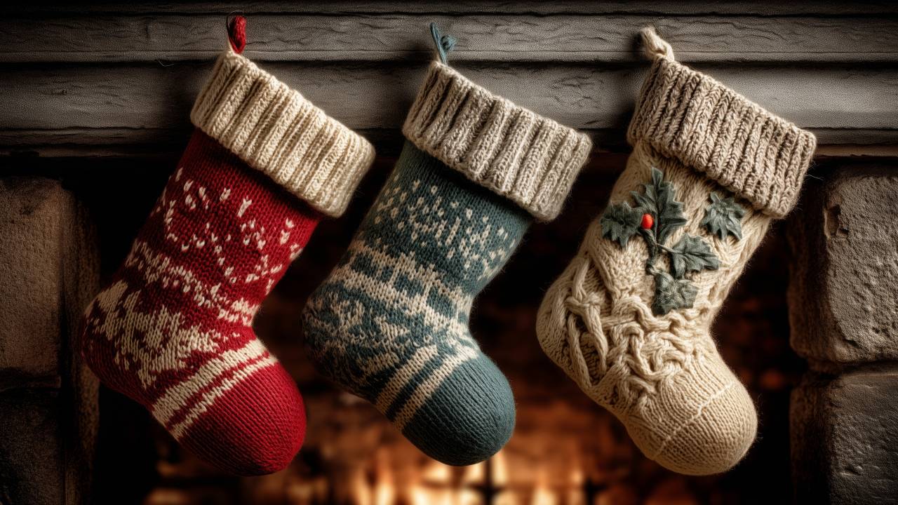 christmas stocking wallpaper, cozy home, fireplace mantel, background for desktop wallpaper (horizontal)