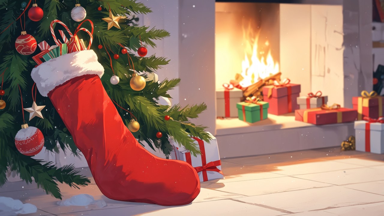 stocking wallpaper, stuffers, small presents, background for desktop wallpaper (horizontal)