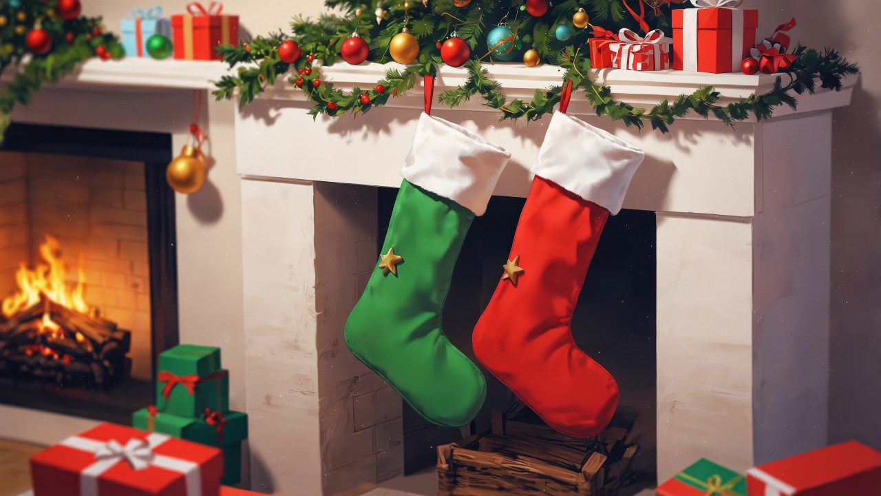 stocking wallpaper, stuffers, small presents, background for desktop wallpaper (horizontal)