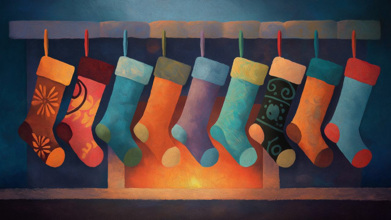 christmas stocking wallpaper, christmas traditions, cozy home, background for desktop wallpaper (horizontal)