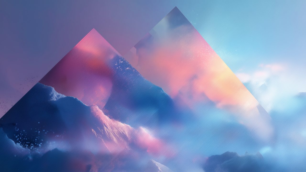 atmospheric light wallpaper, snow-capped peaks, soft color gradients, background for desktop wallpaper (horizontal)