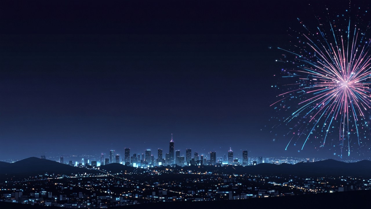 cityscape wallpaper, nye party, midnight countdown, background for desktop wallpaper (horizontal)