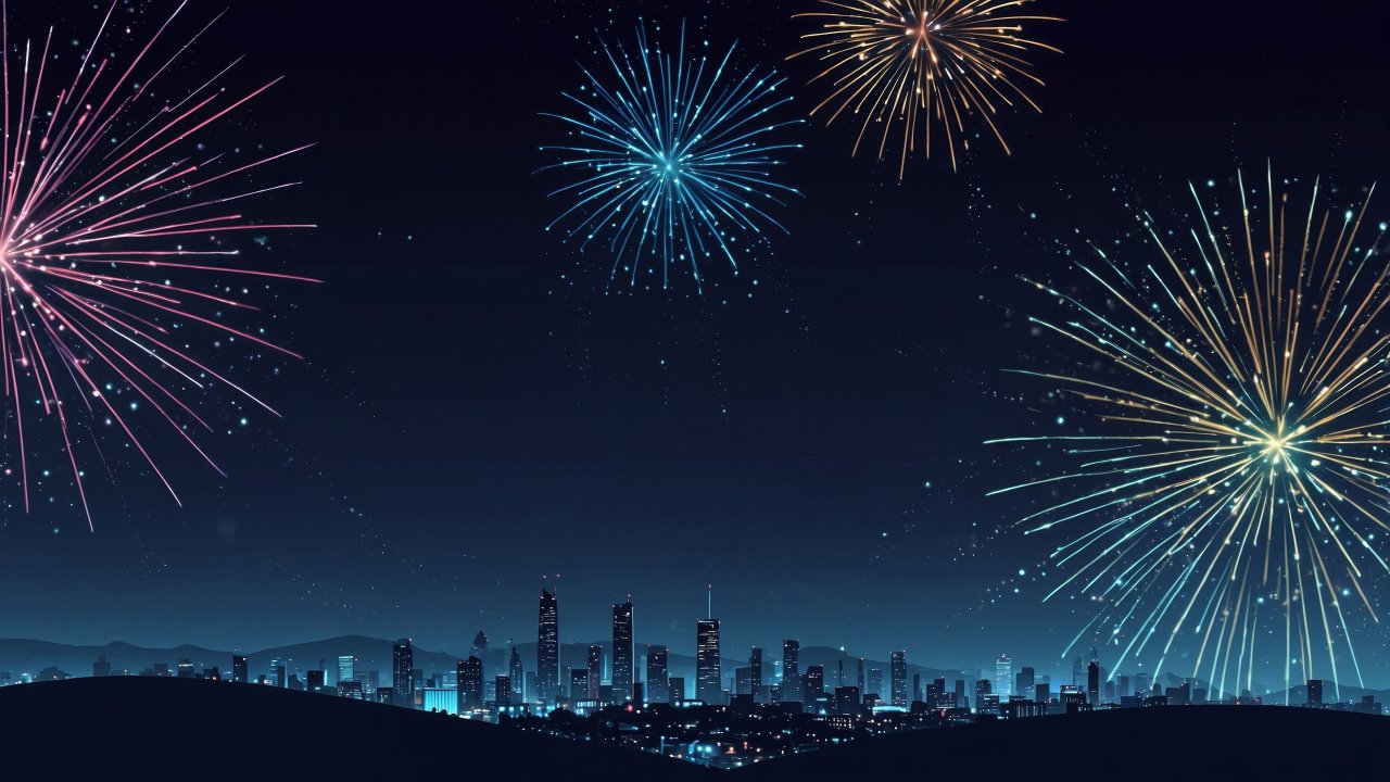 new years eve wallpaper, midnight countdown, fireworks display, background for desktop wallpaper (horizontal)