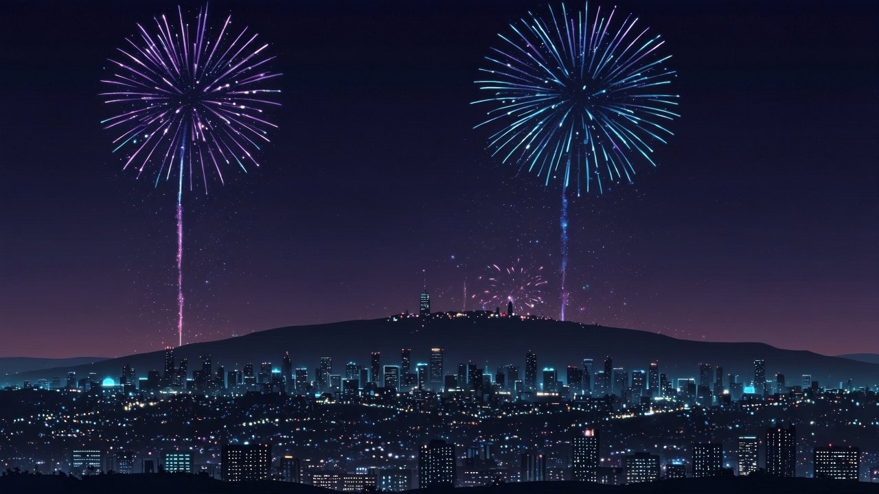 new years eve wallpaper, fireworks display, skyline view, background for desktop wallpaper (horizontal)