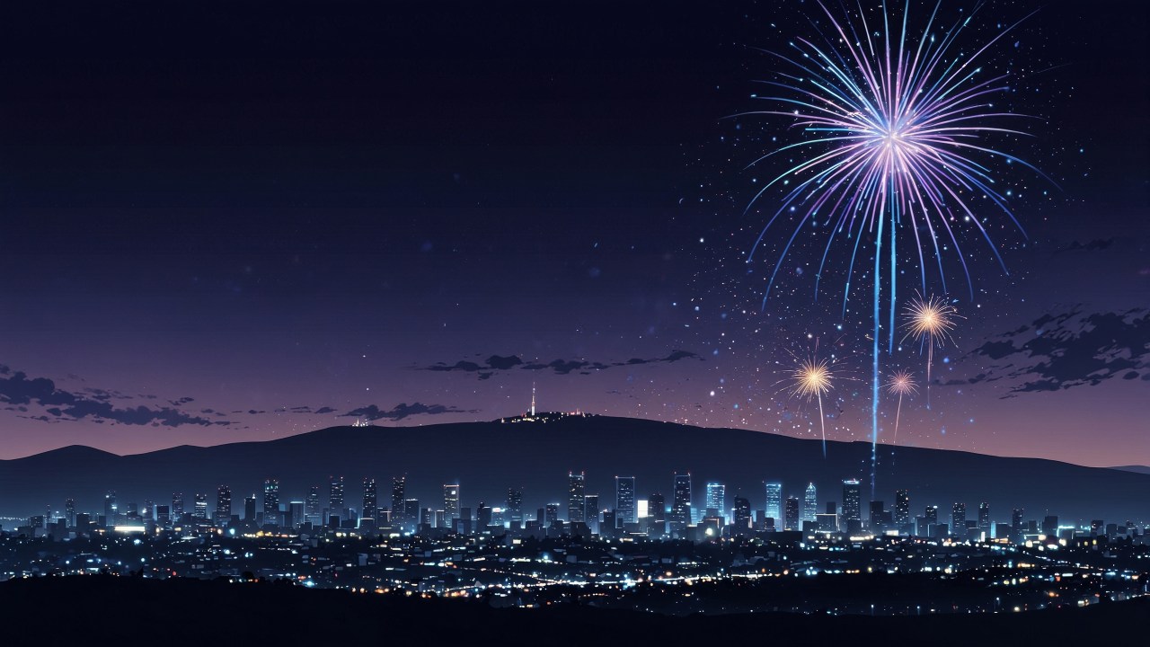 skyline wallpaper, pyrotechnics, countdown to midnight, background for desktop wallpaper (horizontal)