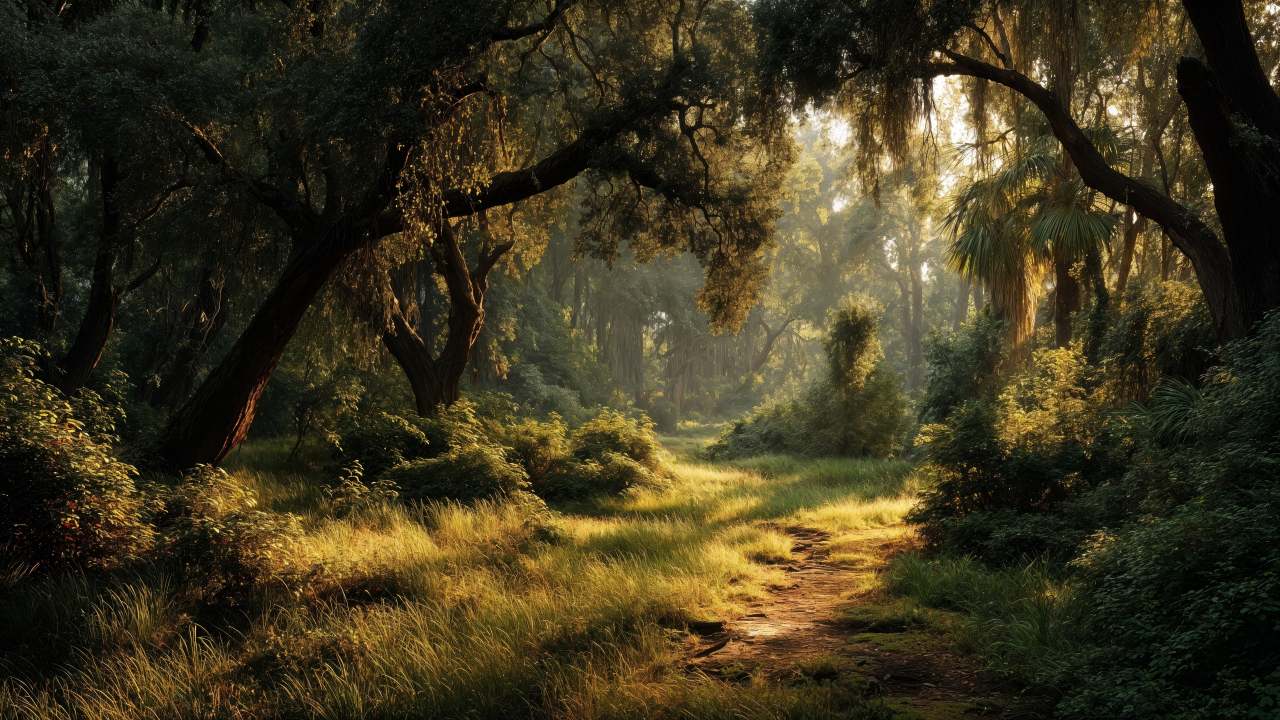 tree canopy wallpaper, woodland scenery, hiking trail, background for desktop wallpaper (horizontal)