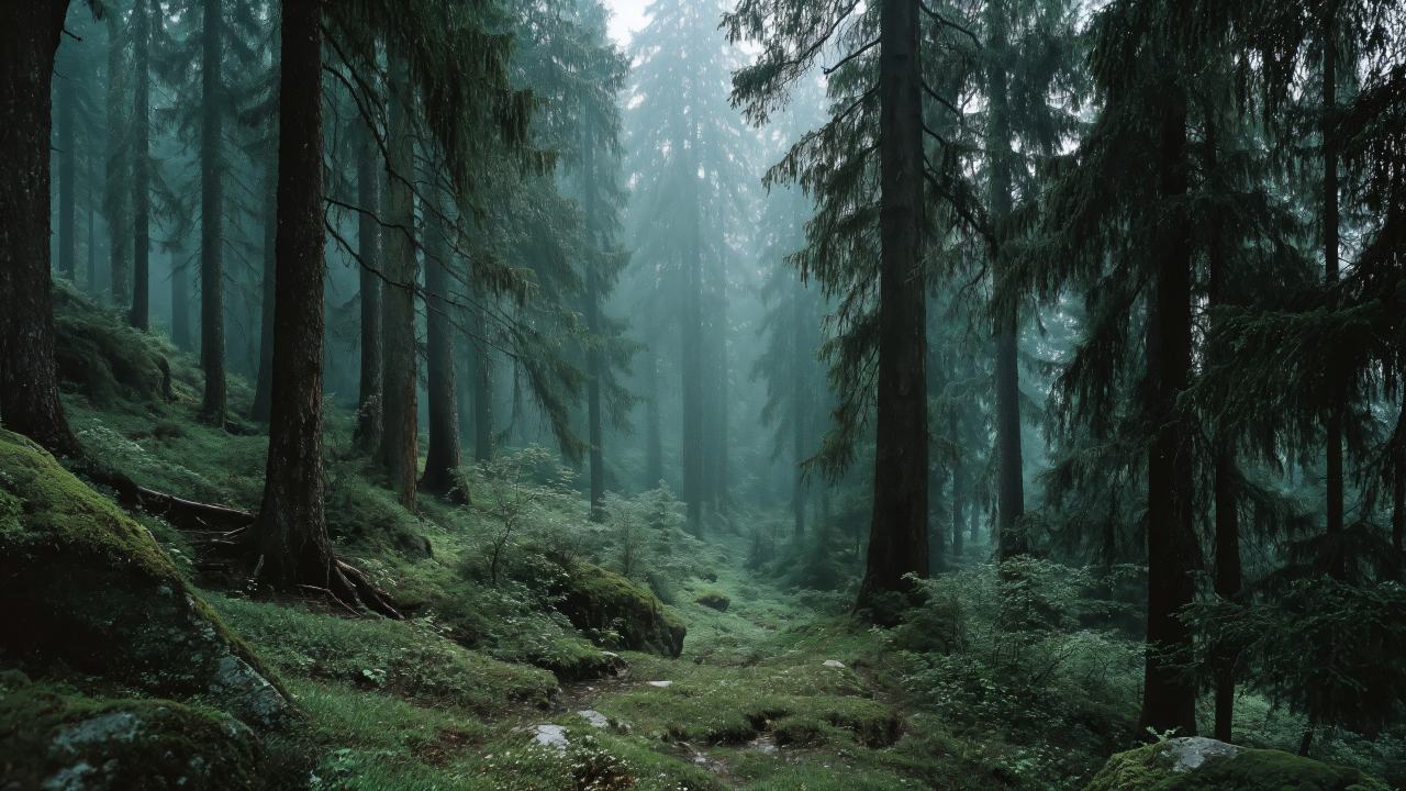 wilderness walk wallpaper, dense foliage, peaceful landscape, background for desktop wallpaper (horizontal)