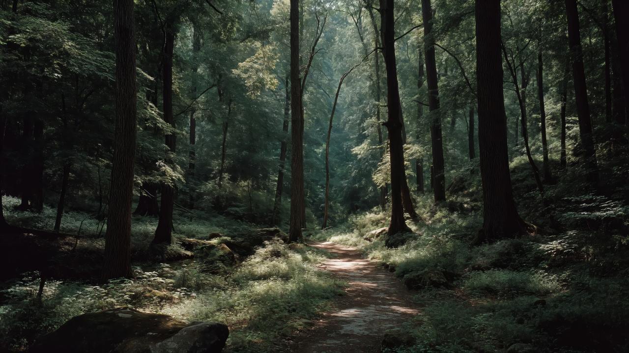 pathway wallpaper, dense foliage, natural scenery, background for desktop wallpaper (horizontal)