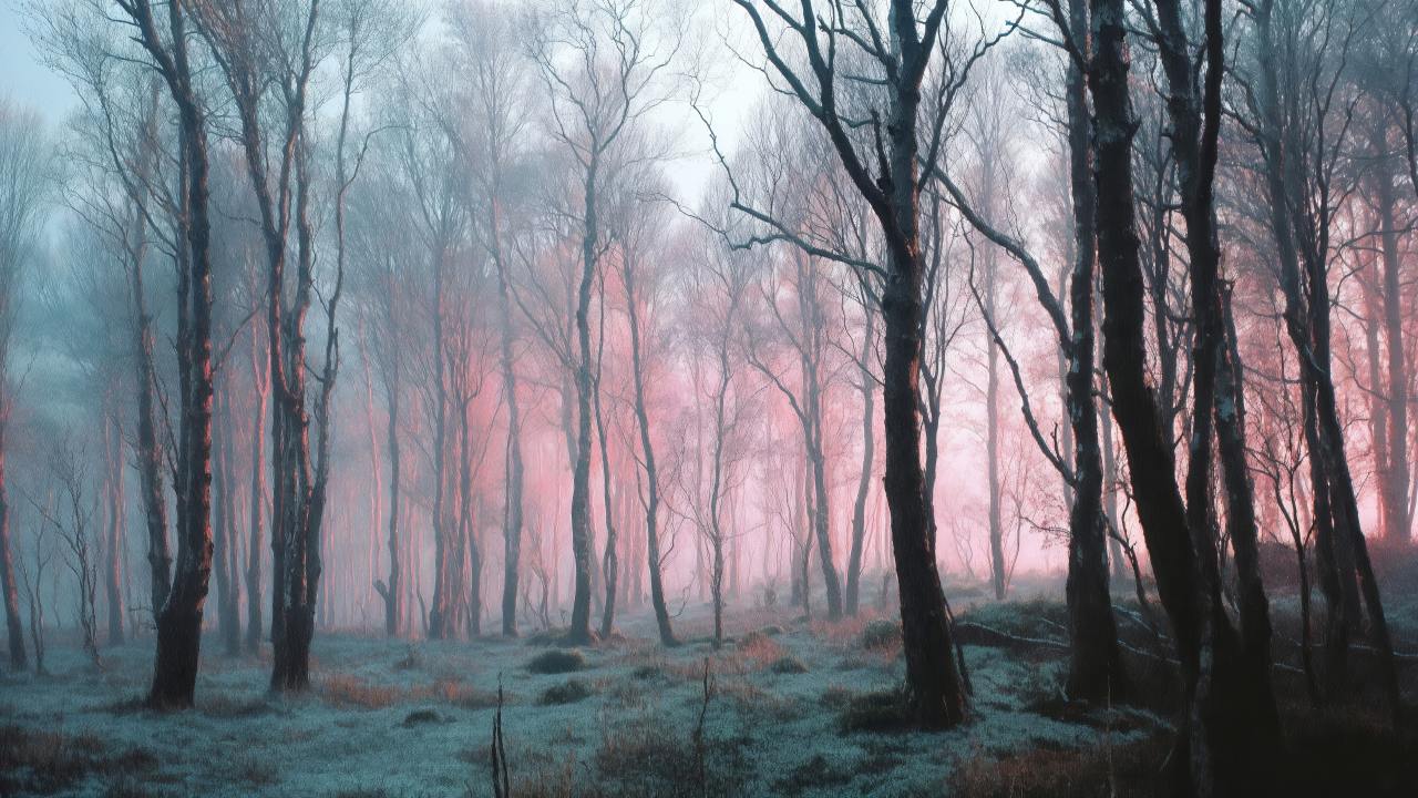 enchanting wallpaper, foggy trees, mystical woods, background for desktop wallpaper (horizontal)