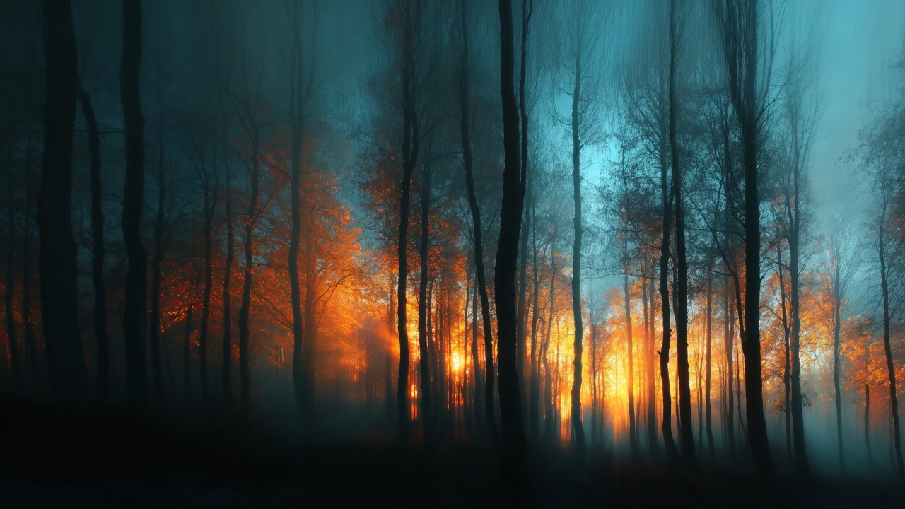 sunset rays wallpaper, autumn forest, sunlit trees, background for desktop wallpaper (horizontal)