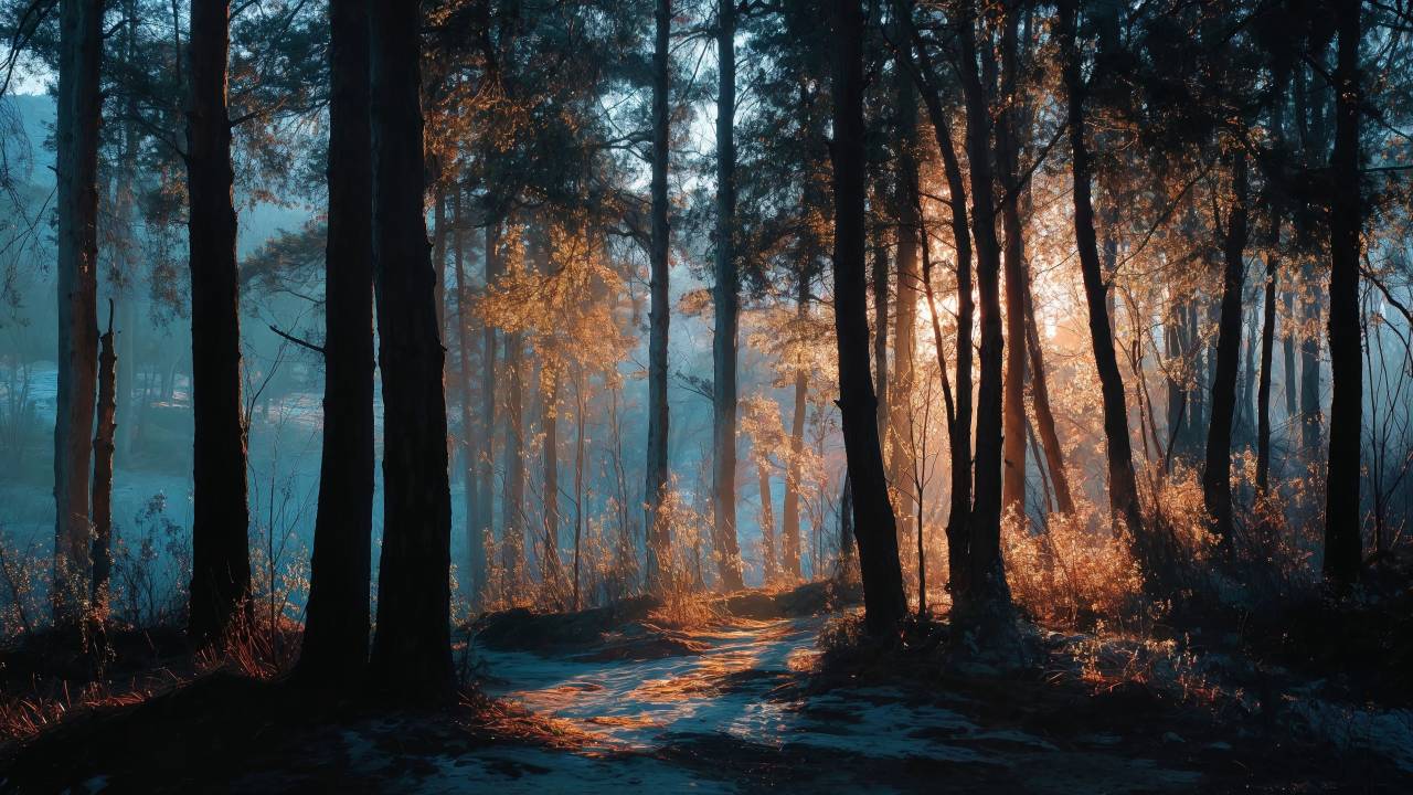 warm hues wallpaper, autumn forest, golden hour light, background for desktop wallpaper (horizontal)