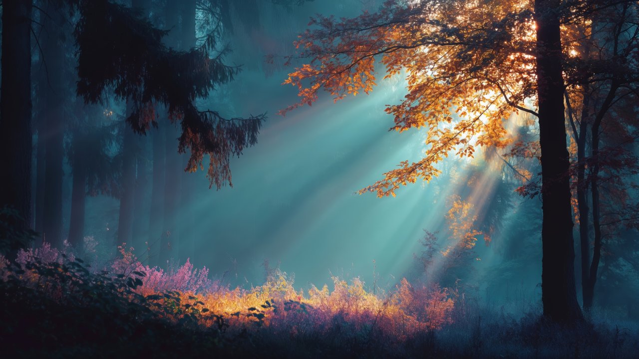 peaceful landscape wallpaper, sunlight filtering, autumn forest, background for desktop wallpaper (horizontal)