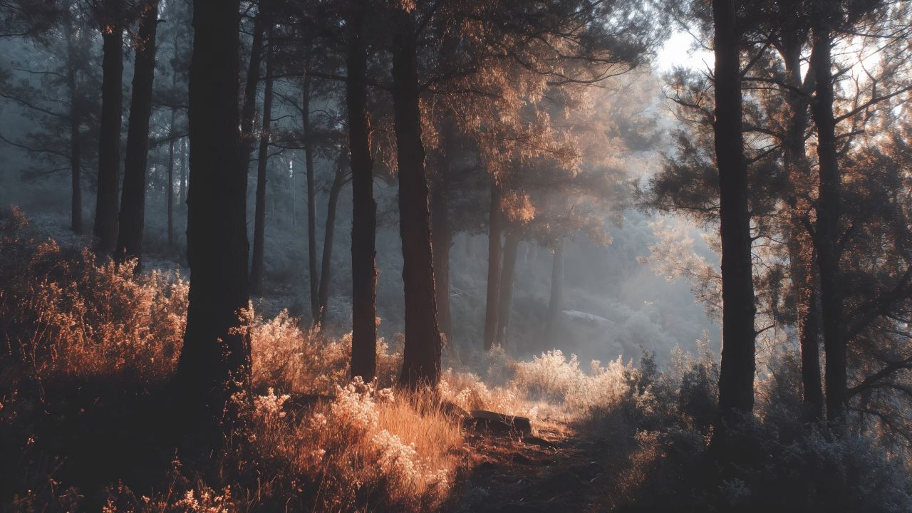 atmospheric light wallpaper, deep woods, tranquil scene, background for desktop wallpaper (horizontal)