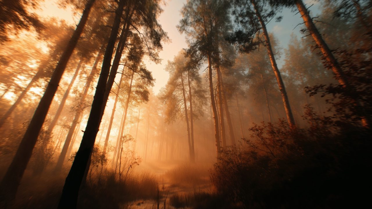 forest landscape wallpaper, woodland scene, volumetric, background for desktop wallpaper (horizontal)