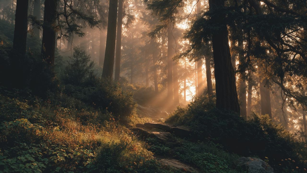 path wallpaper, sunlight filtering, ethereal glow, background for desktop wallpaper (horizontal)