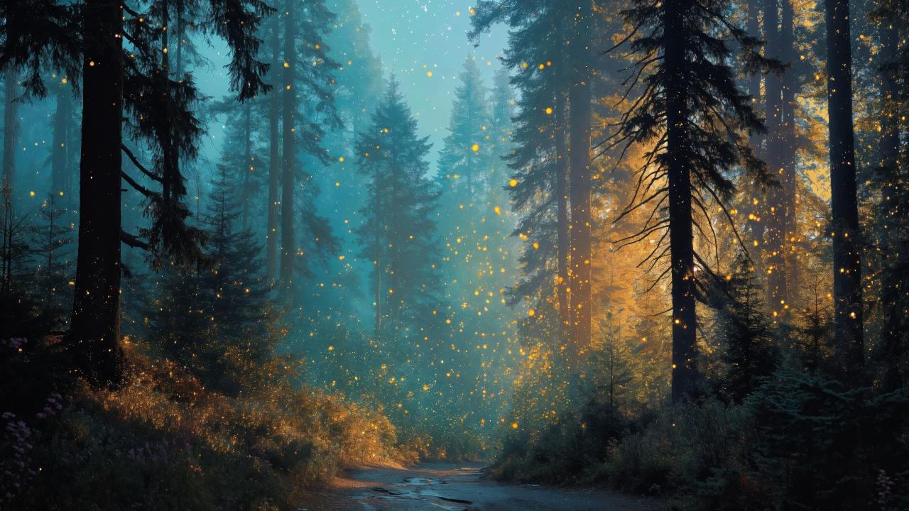 ethereal color wallpaper, sunlit trees, fairy tale forest, background for desktop wallpaper (horizontal)