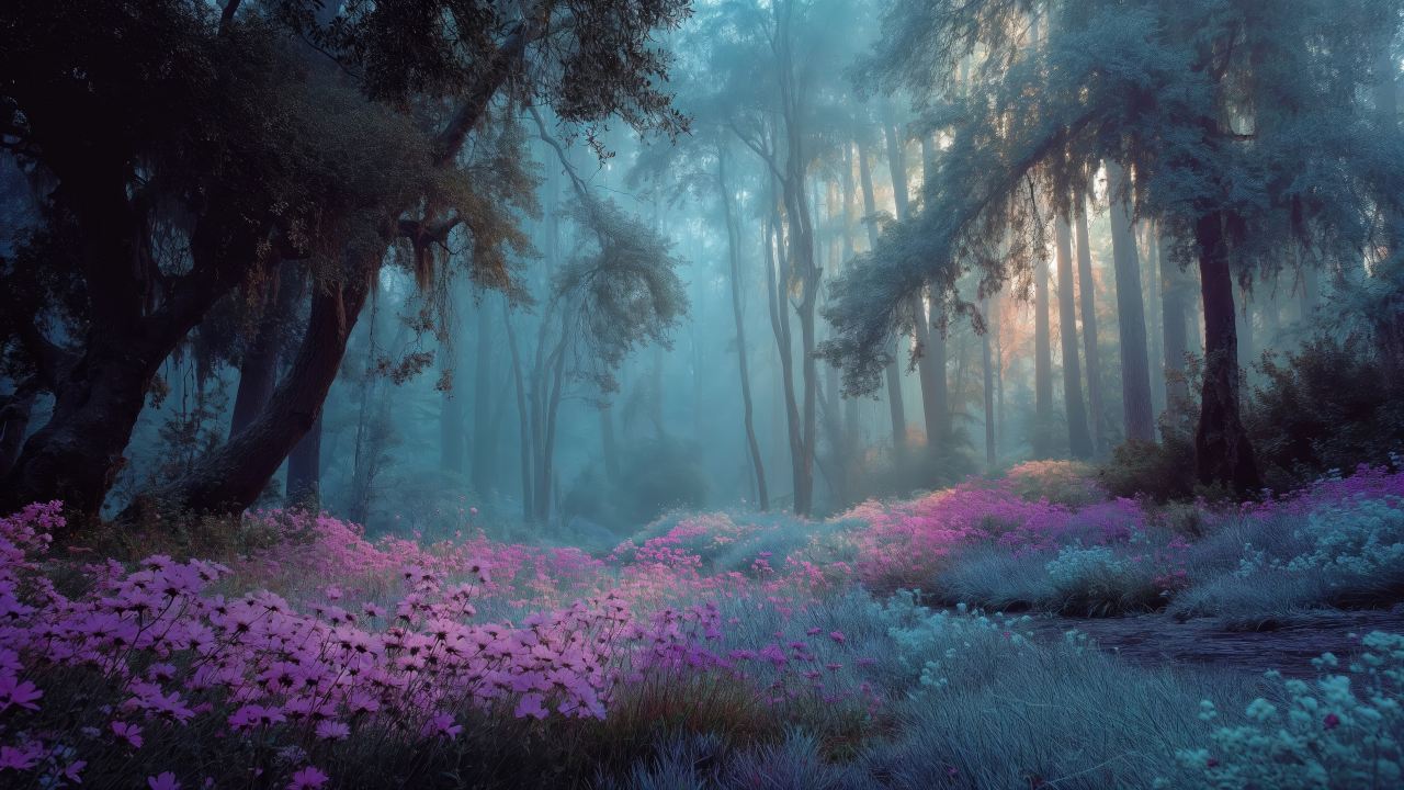 mystical landscape wallpaper, ethereal glow, misty colors, background for desktop wallpaper (horizontal)