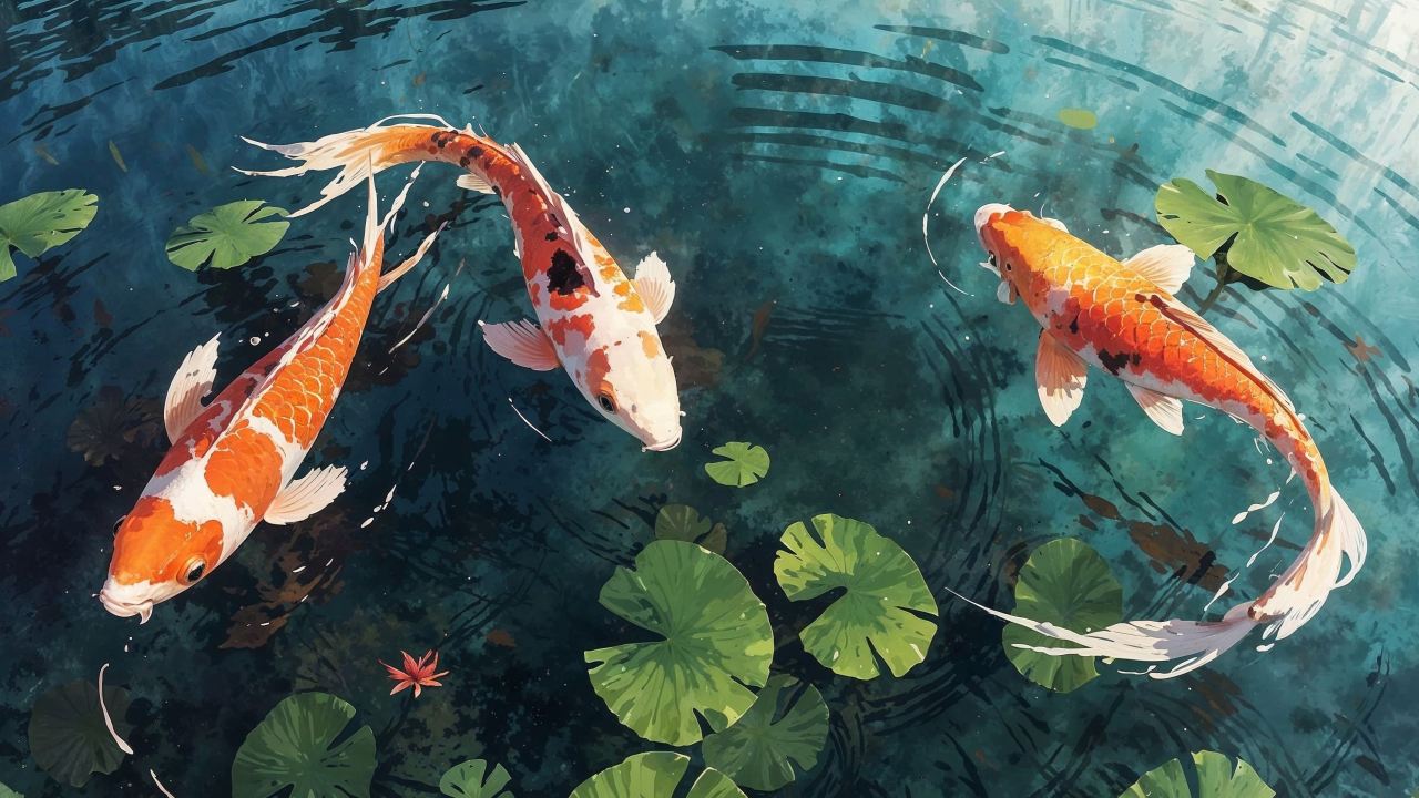 zen landscape wallpaper, tranquil water, koi pond, background for desktop wallpaper (horizontal)