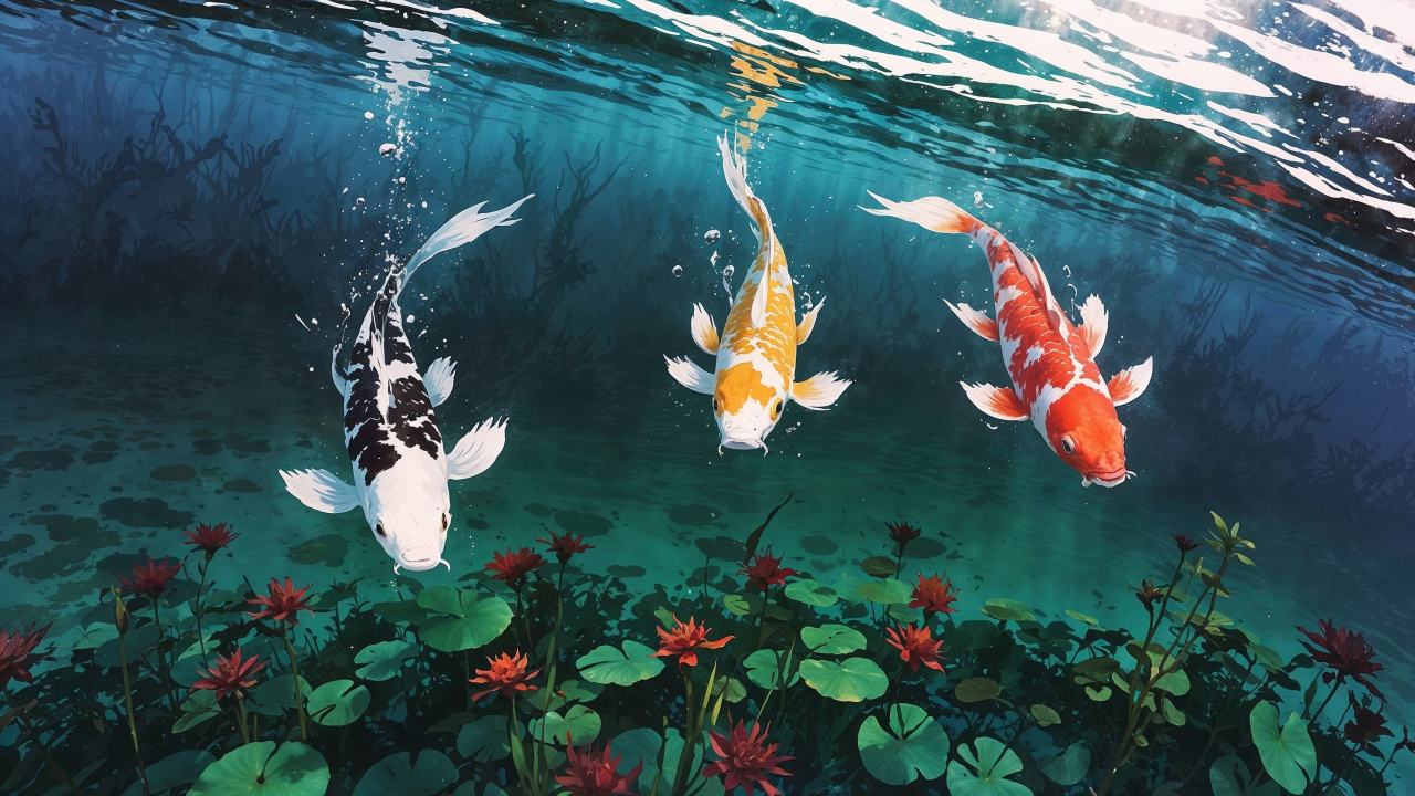 outdoor oasis wallpaper, aquatic life, meditation space, background for desktop wallpaper (horizontal)