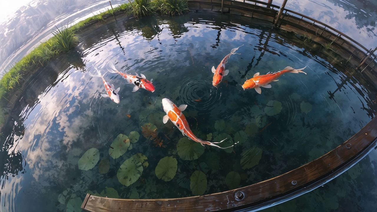 ornamental fish wallpaper, calming scenery, koi pond, background for desktop wallpaper (horizontal)