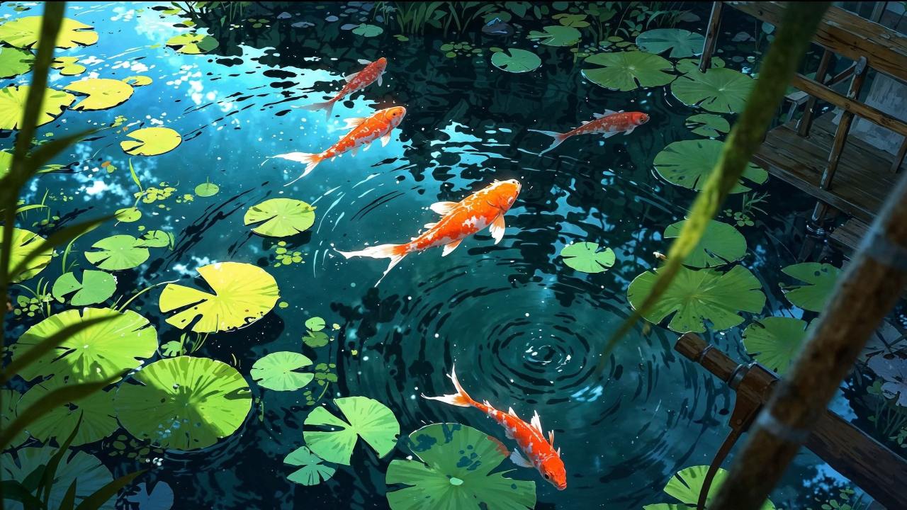 garden art wallpaper, nature therapy, tranquil water, background for desktop wallpaper (horizontal)