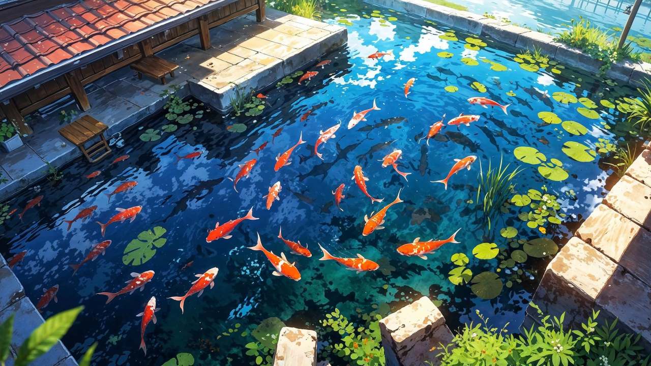 tranquil water wallpaper, relaxation space, garden tranquility, background for desktop wallpaper (horizontal)