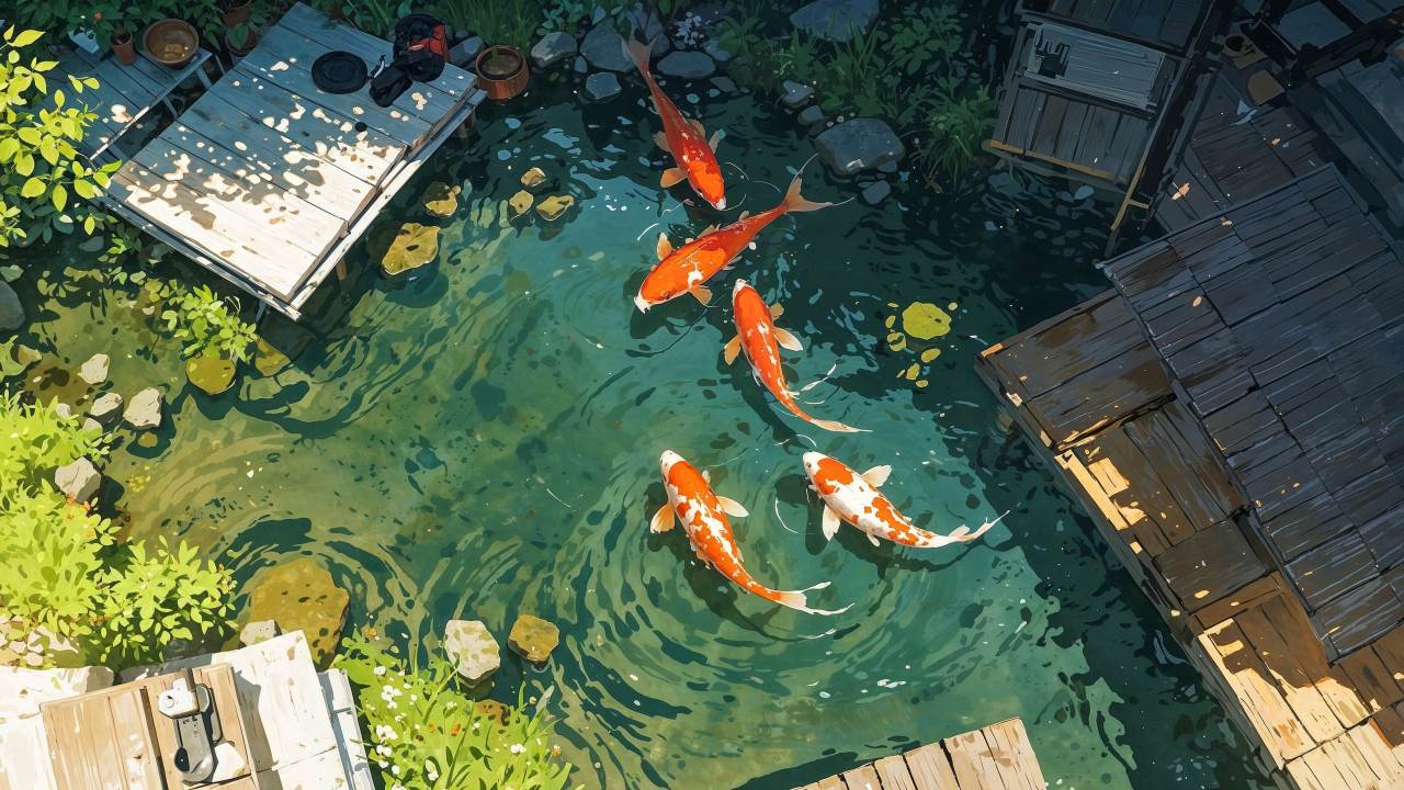 garden decor wallpaper, meditation space, backyard oasis, background for desktop wallpaper (horizontal)