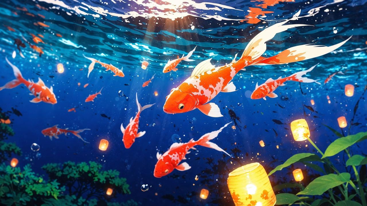 underwater fish wallpaper, meditation space, koi, background for desktop wallpaper (horizontal)