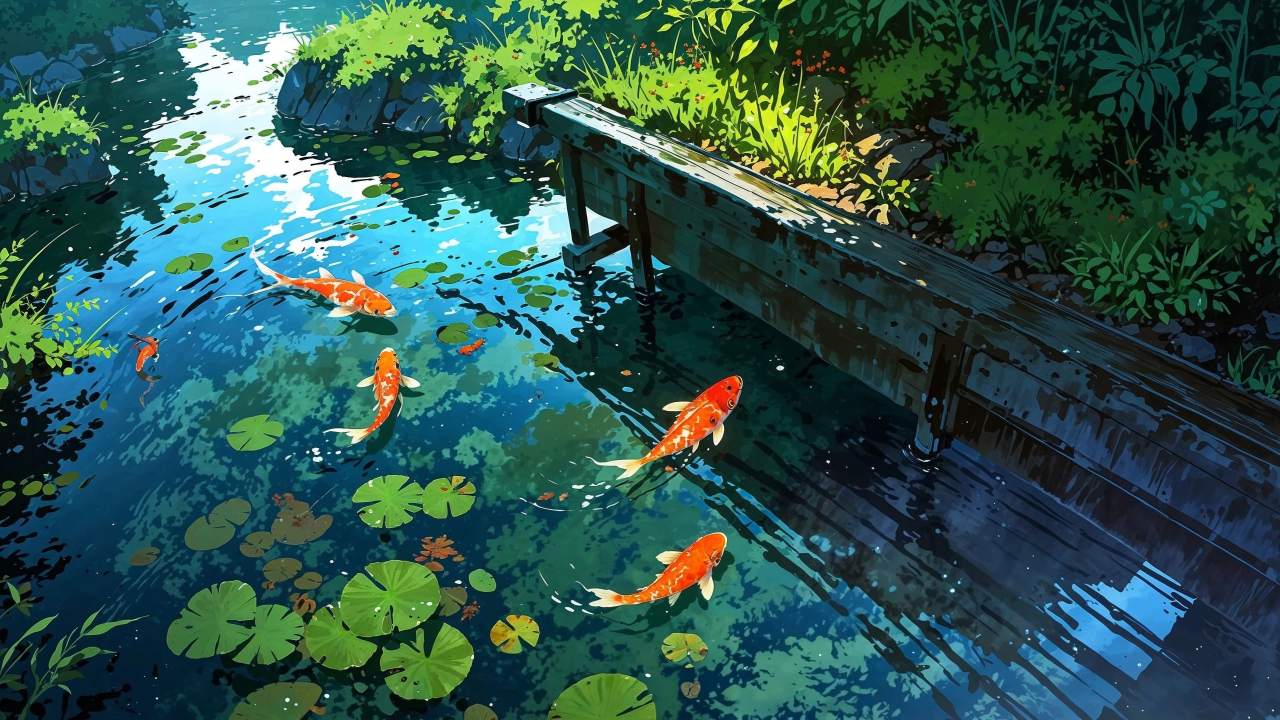 koi wallpaper, ornamental fish, backyard oasis, background for desktop wallpaper (horizontal)