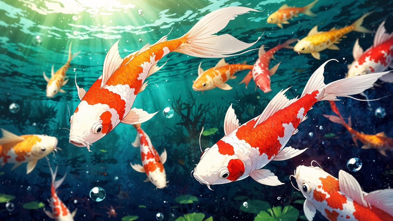 underwater scene wallpaper, japanese aesthetics, fish swimming, background for desktop wallpaper (horizontal)