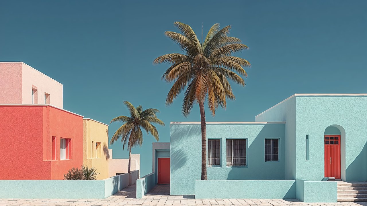 warm weather wallpaper, vibrant aesthetics, tropical architecture, background for desktop wallpaper (horizontal)